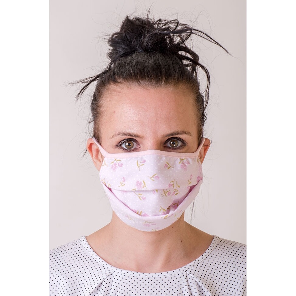 Bavlnená úpletová rúška na ústa a nos dvojvrstvová Kvety 5 - ružová