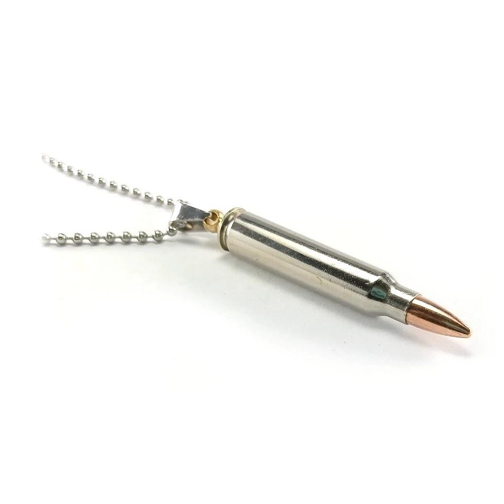 Náhrdelník s nábojom .223 Remington a nerezovým remienkom - strieborný-zlatý