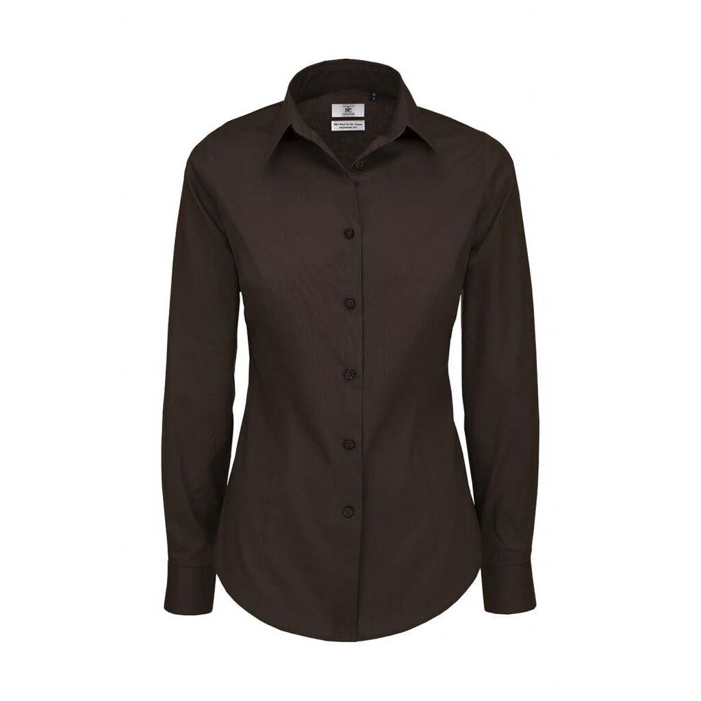 Košeľa dámska B&C Elastane s dlhým rukávom - hnedá, XS