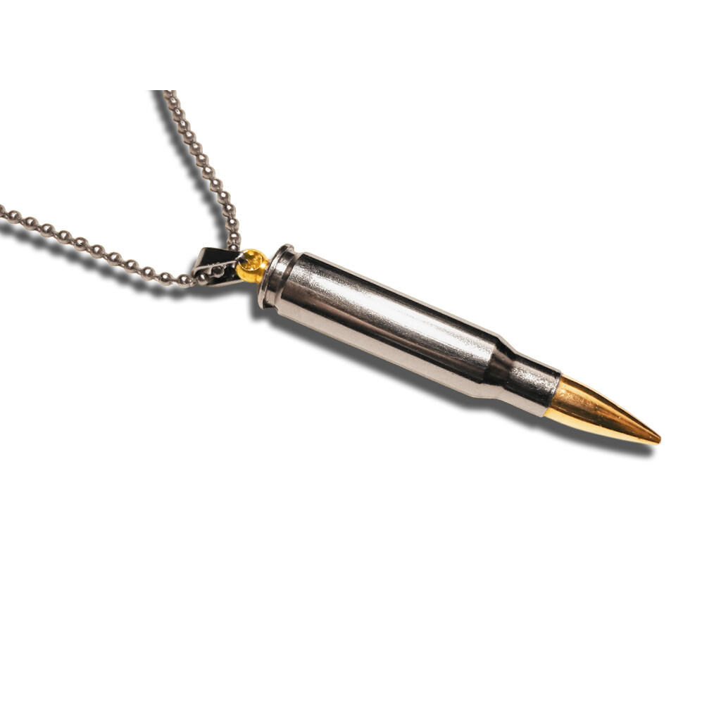 Náhrdelník s nábojom .308 Winchester a nerezovým remienkom - strieborný-zlatý