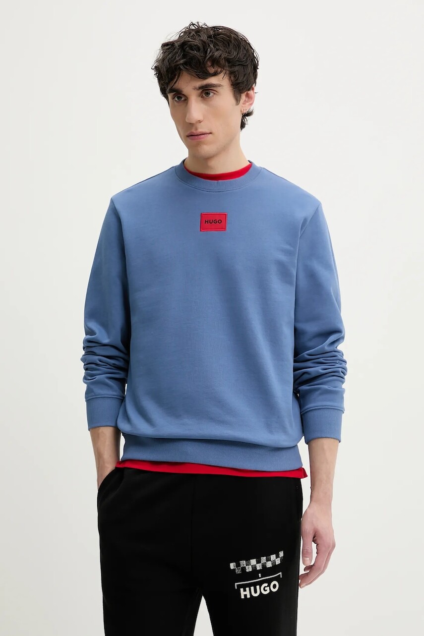 Bavlnená mikina HUGO pánska, tyrkysová farba, s nášivkou, 50447964