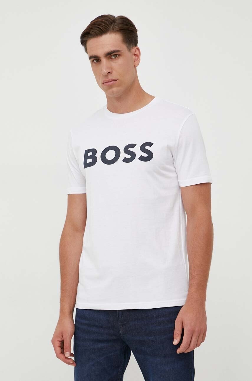 Bavlnené tričko BOSS BOSS CASUAL pánske, béžová farba, s potlačou, 50481923