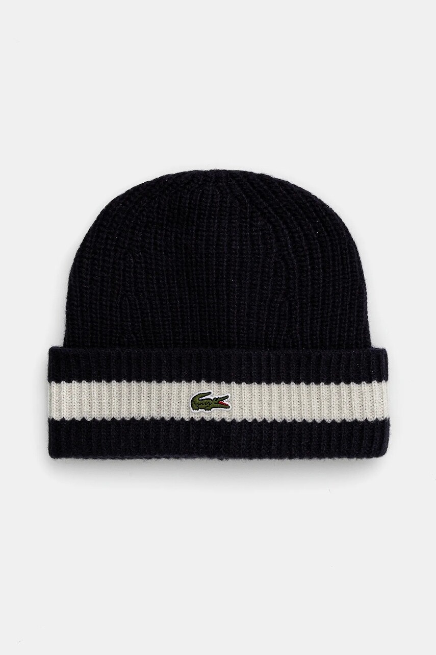 Vlnená čiapka Lacoste tmavomodrá farba, z tenkej pleteniny, vlnená