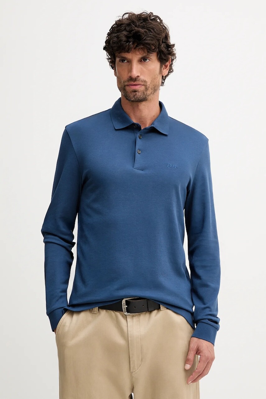 Bavlnené tričko s dlhým rukávom BOSS ružová farba, jednofarebné, 50468392