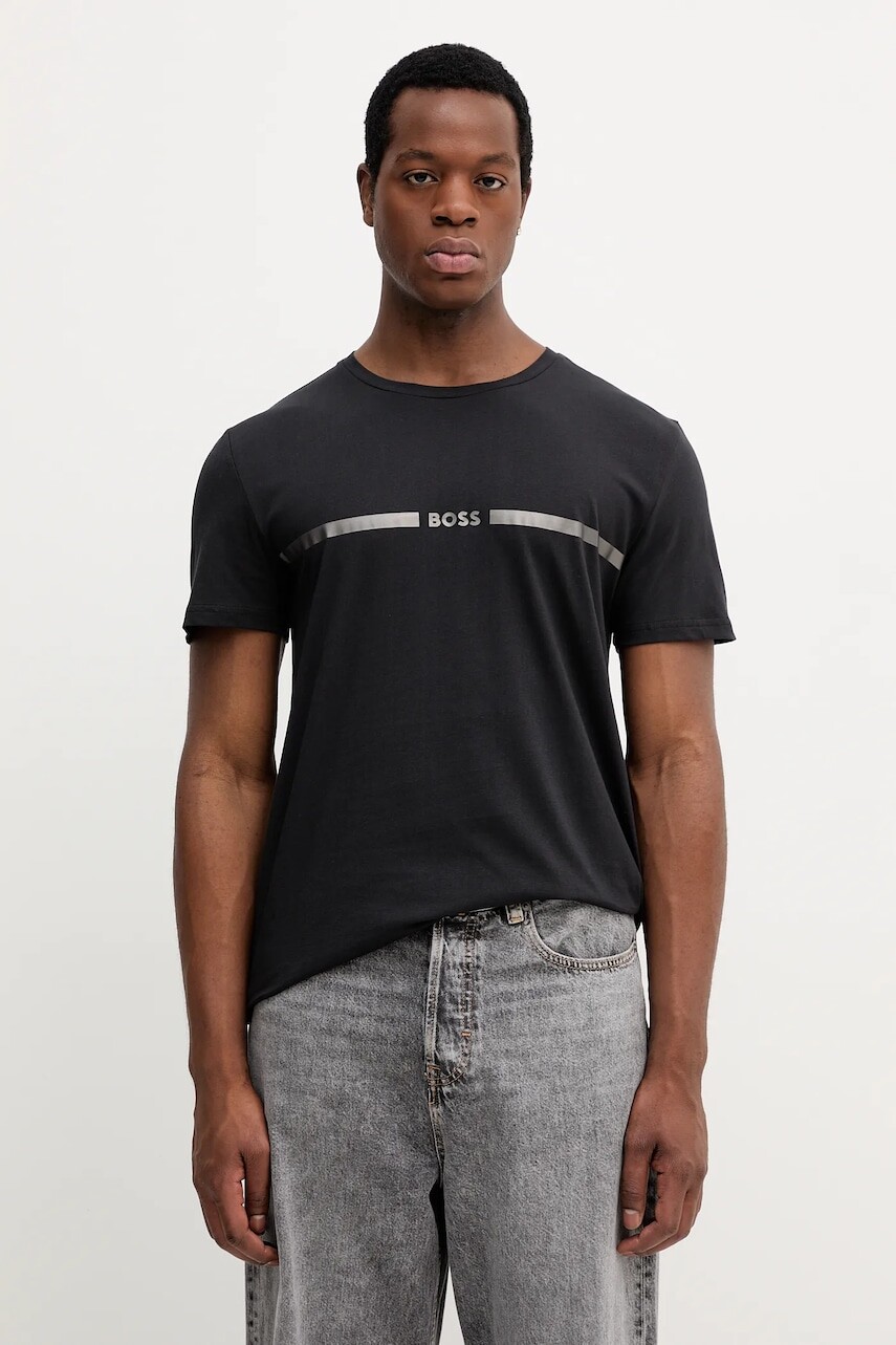 Bavlnené plážové tričko BOSS tmavomodrá farba, s potlačou