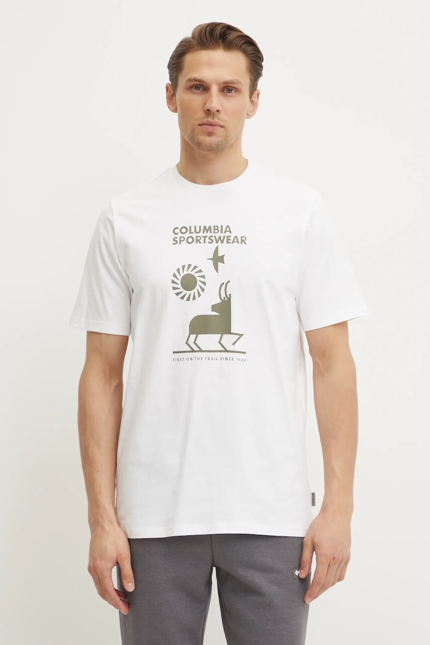 Bavlnené tričko Columbia pánsky, béžová farba, vzorovaný