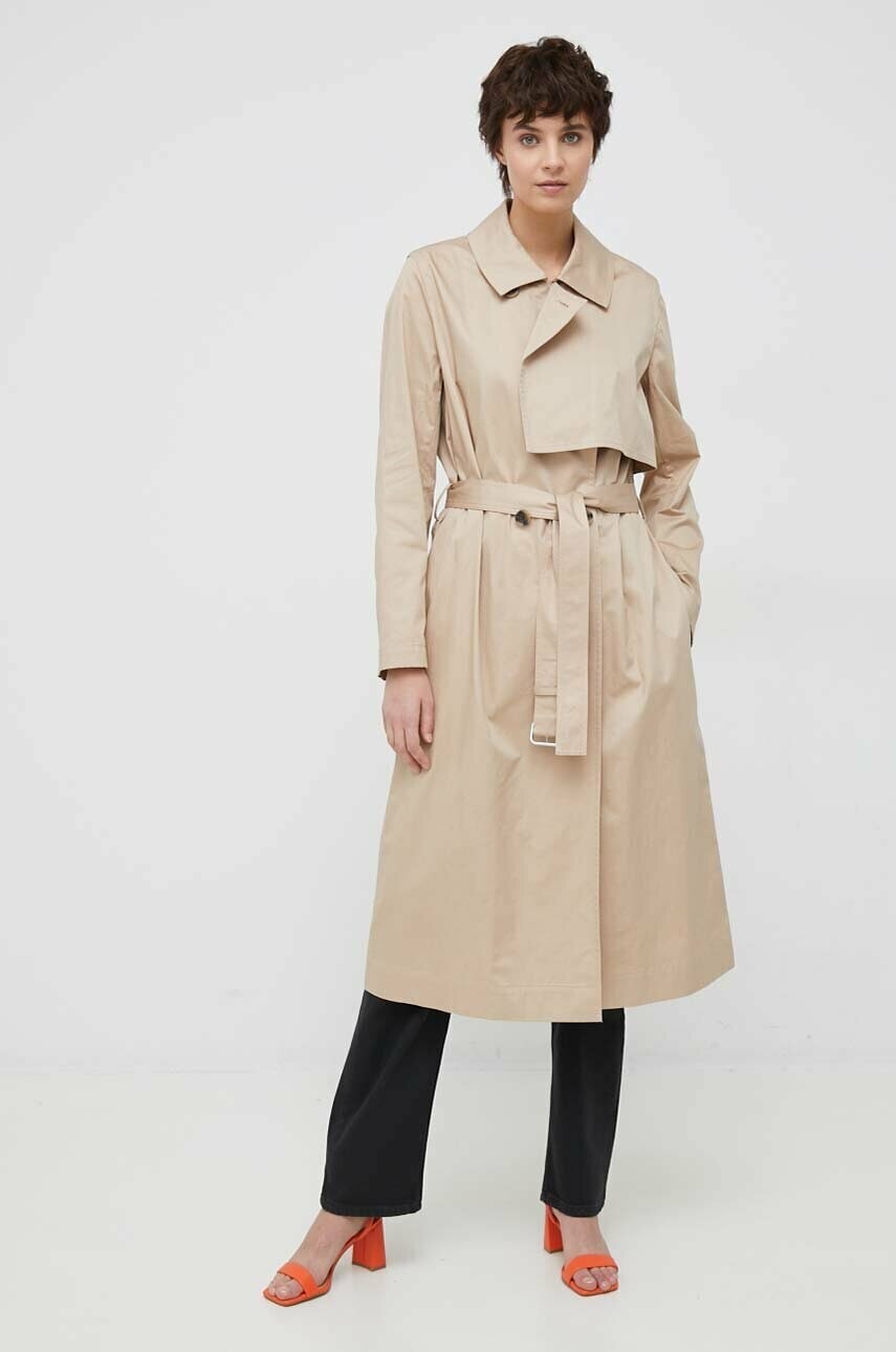 Bavlnený trenčkot Calvin Klein béžová farba, prechodný, dvojradový