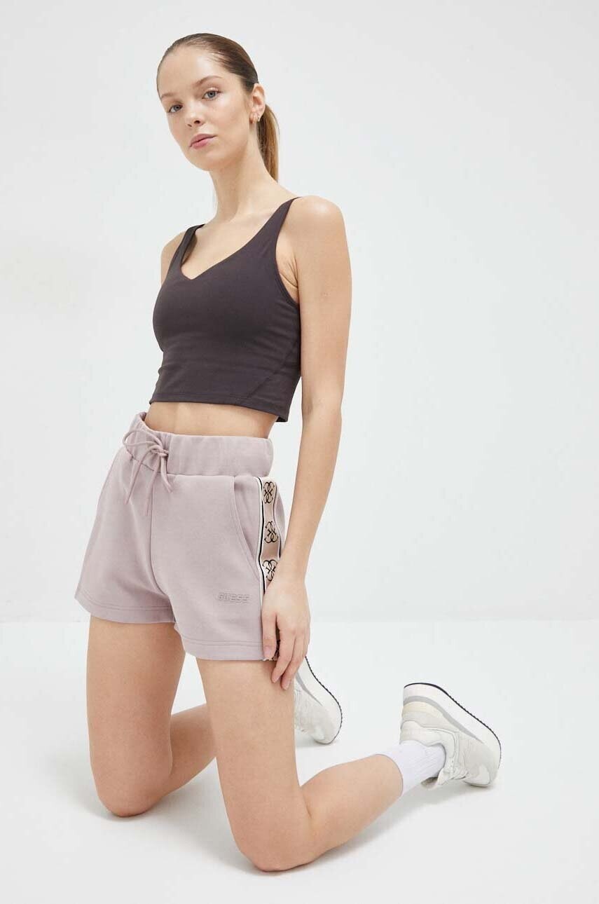 Šortky Guess BRITNEY dámske, hnedá farba, s nášivkou, stredne vysoký pás, V3GD13 KB3P2