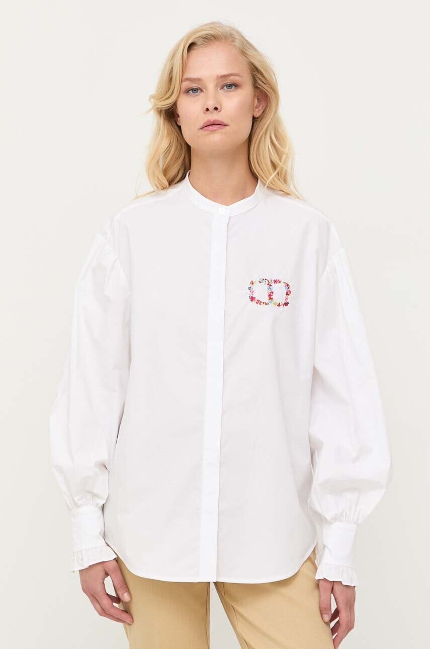 Bavlnená košeľa Twinset dámska, biela farba, voľný strih, so stojačikom