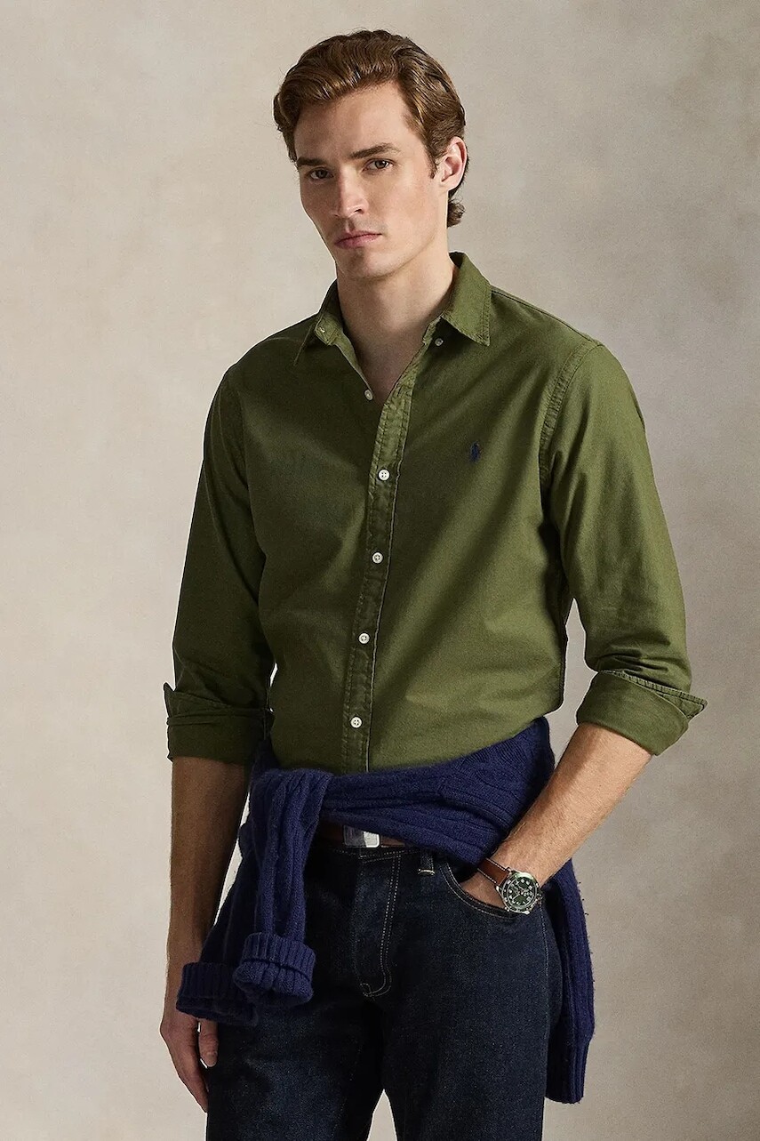 Bavlnená košeľa Polo Ralph Lauren zelená farba, slim, s golierom button-down, 710804257