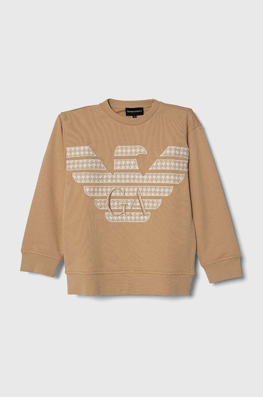 Detská bavlnená mikina Emporio Armani béžová farba, s nášivkou