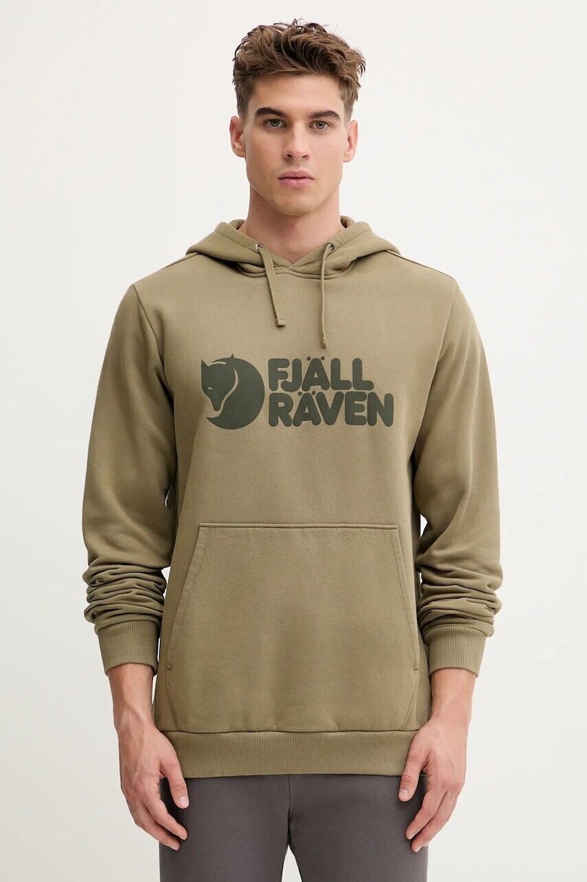 Bavlnená mikina Fjallraven Logo Hoodie F84144 622 pánska, zelená farba, s kapucňou, s potlačou