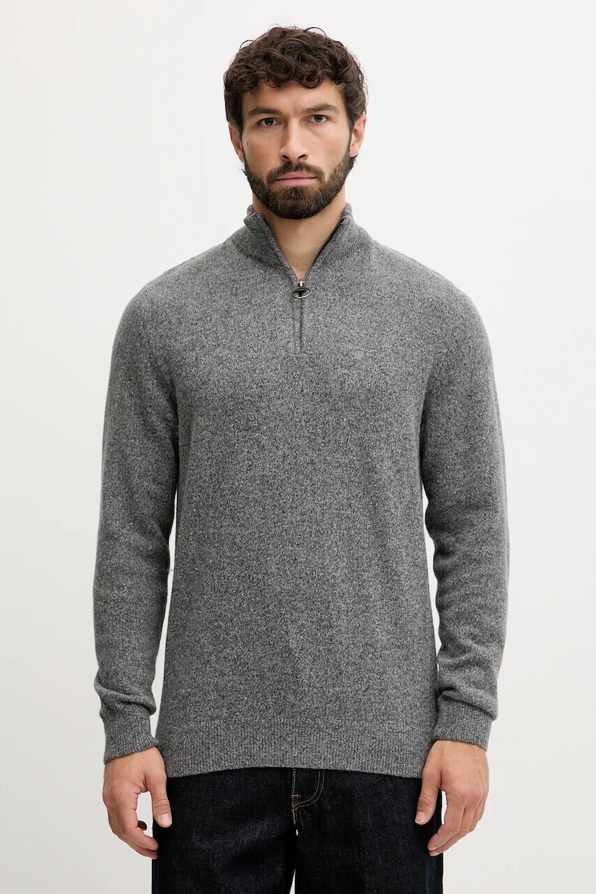 Vlnený sveter Barbour zelená farba, s polorolákom