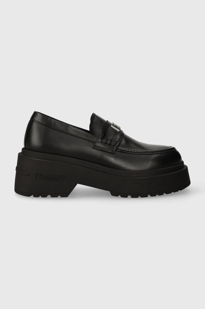 Kožené mokasíny Tommy Jeans TJW CHUNKY LOAFER dámske, čierna farba, na platforme, EN0EN02320