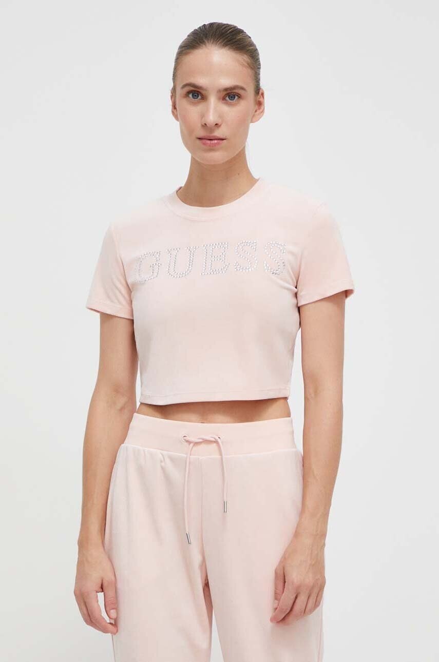 Velúrové tričko Guess COUTURE ružová farba, V3BI01 KBXI2