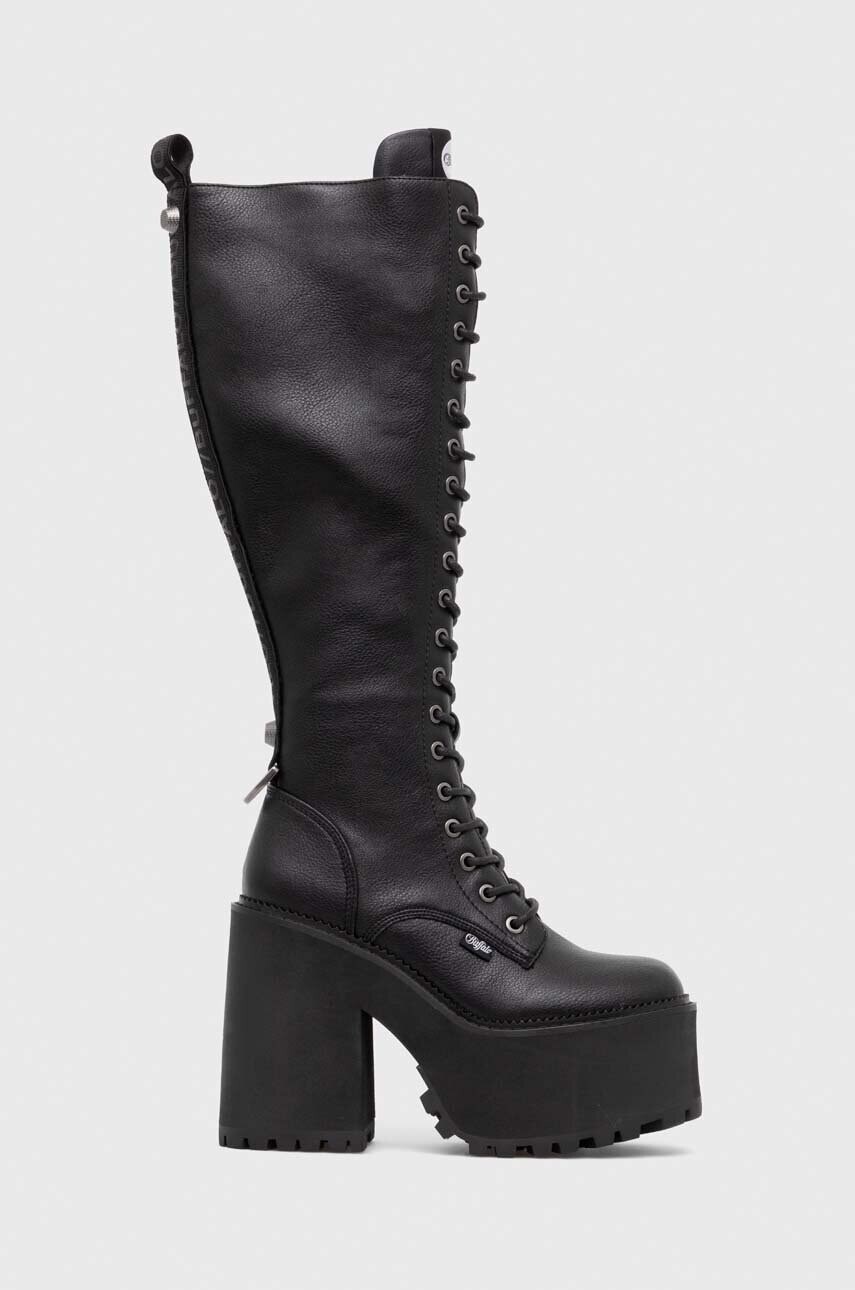 Vysoké čižmy Buffalo Killah Lace Up Hi dámske, čierna farba, na podpätku, 1622377