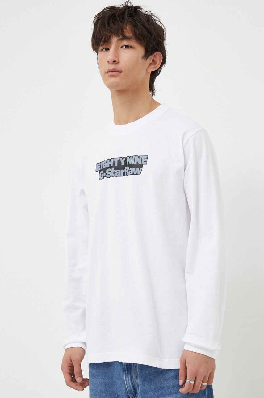 Bavlnené tričko s dlhým rukávom G-Star biela farba, s potlačou
