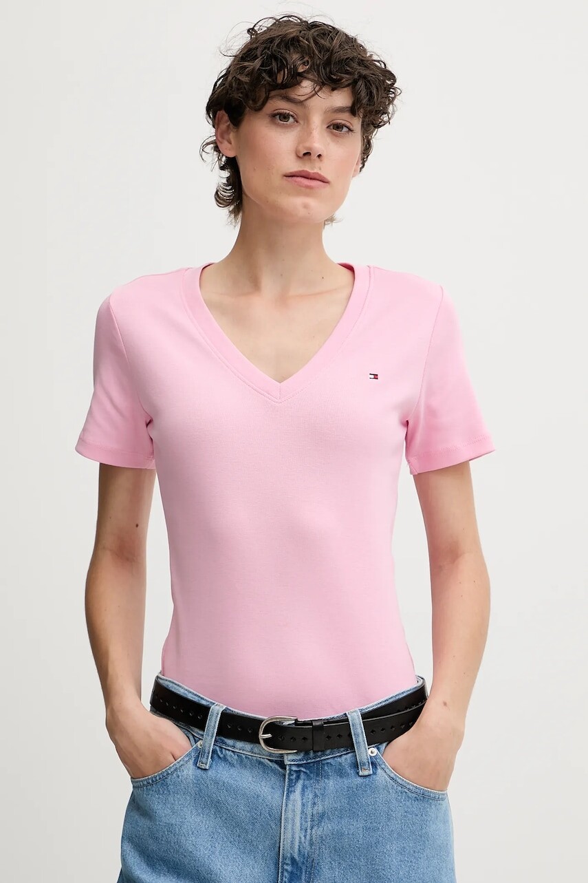 Bavlnené tričko Tommy Hilfiger dámske, ružová farba, WW0WW40584