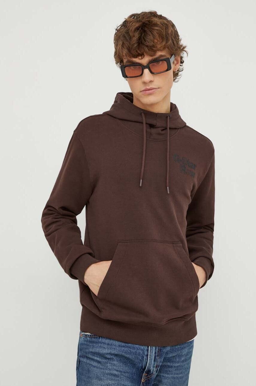 Bavlnená mikina G-Star pánska, hnedá farba, s kapucňou, s potlačou