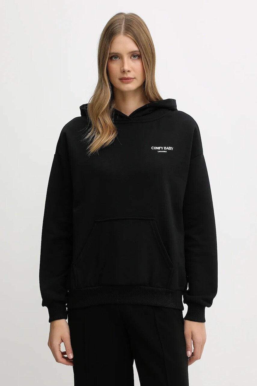 Mikina La Mania dámska, čierna farba, s kapucňou, s potlačou