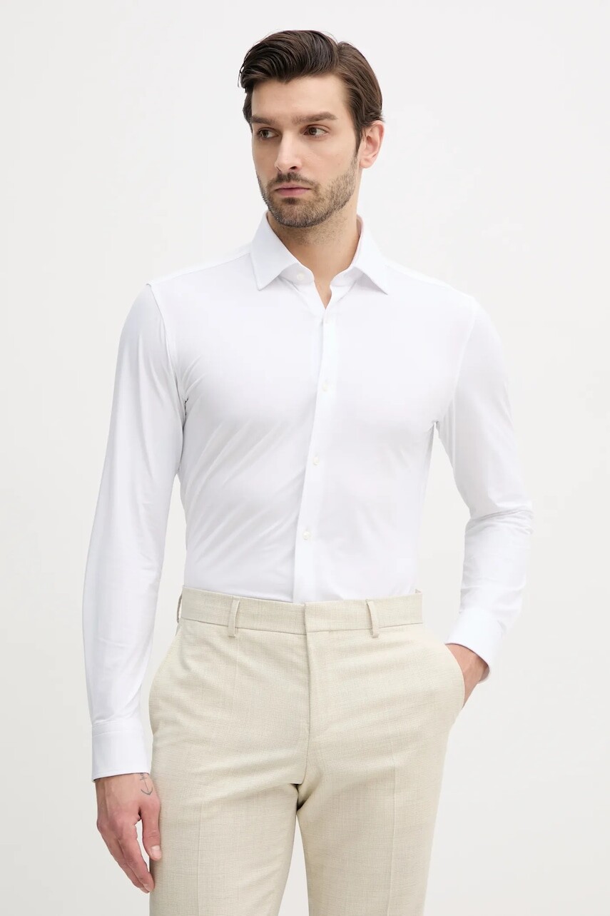 Košeľa BOSS pánska, biela farba, slim, s klasickým golierom