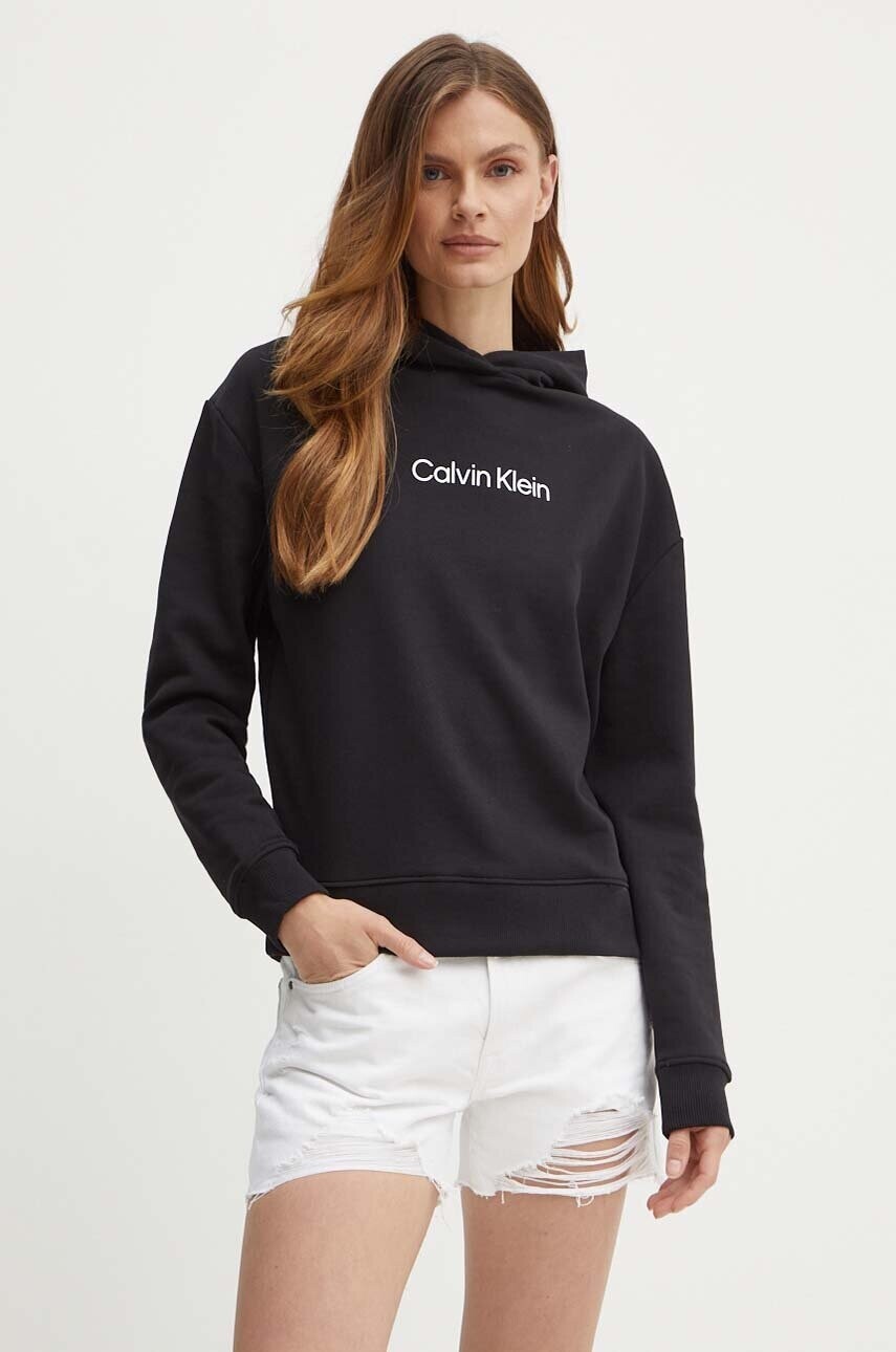 Bavlnená mikina Calvin Klein dámska, čierna farba, s kapucňou, s potlačou, K20K205449