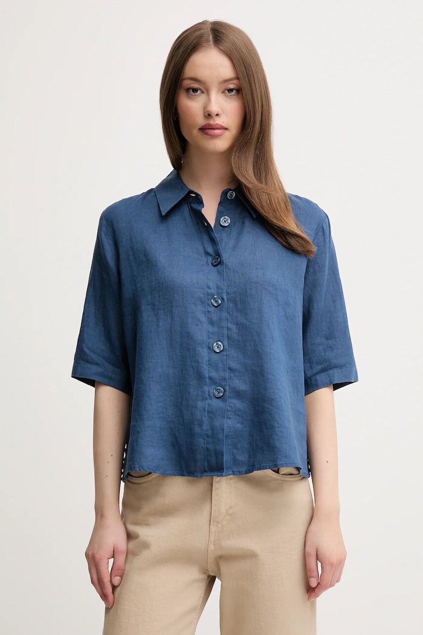 Ľanová košeľa United Colors of Benetton hnedá farba, regular, s klasickým golierom