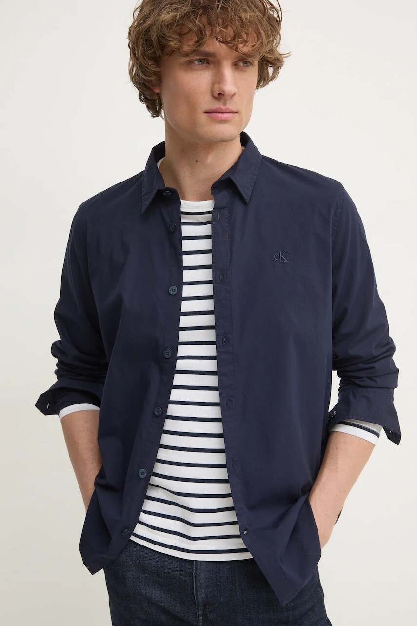 Košeľa Calvin Klein Jeans pánska, tmavomodrá farba, slim, s klasickým golierom