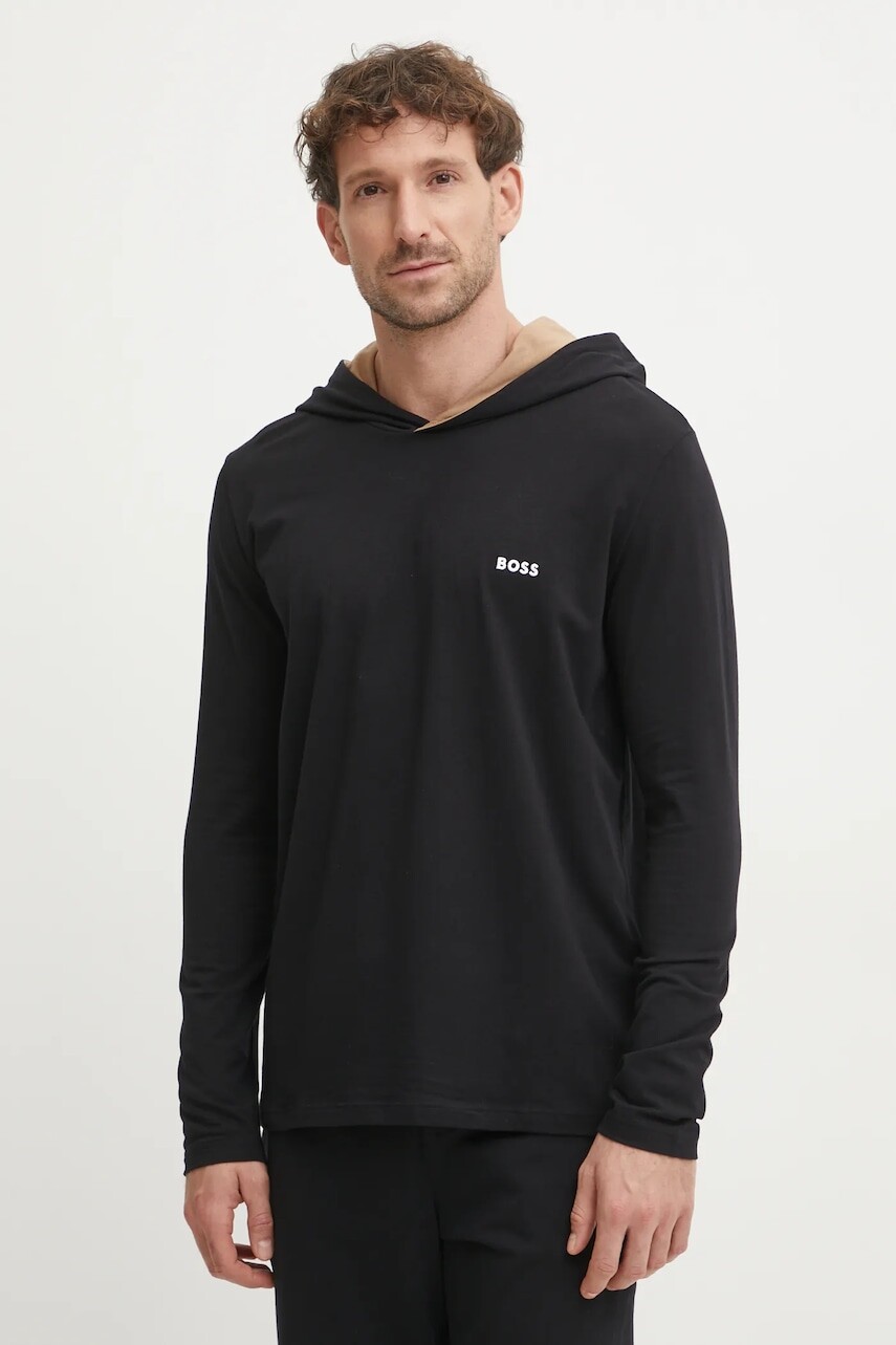 Tričko s dlhým rukávom BOSS čierna farba, jednofarebný