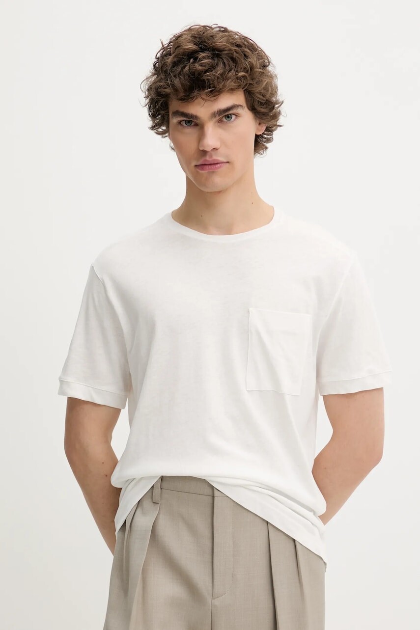 Tričko s prímesou ľanu United Colors of Benetton ružová farba, jednofarebná