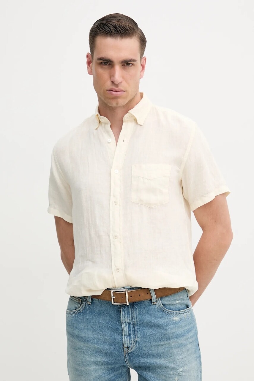 Ľanová košeľa Gant béžová farba, regular, s golierom button-down