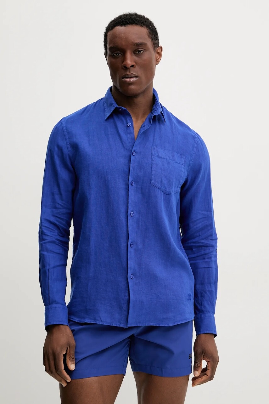 Ľanová košeľa Vilebrequin CAROUBIS tmavomodrá farba, regular, s klasickým golierom, CRSH9U10