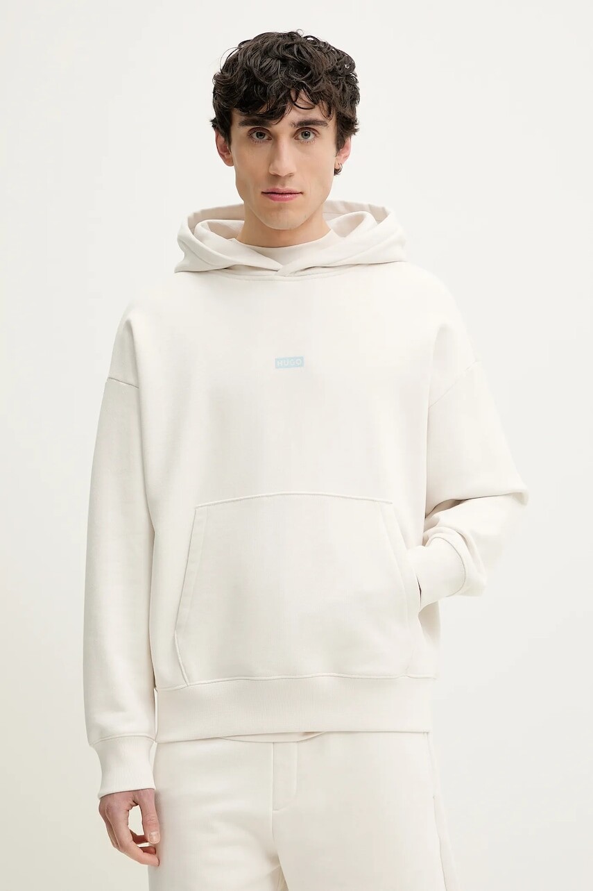 Bavlnená mikina Hugo Blue pánska, béžová farba, s kapucňou, s potlačou, 50510724