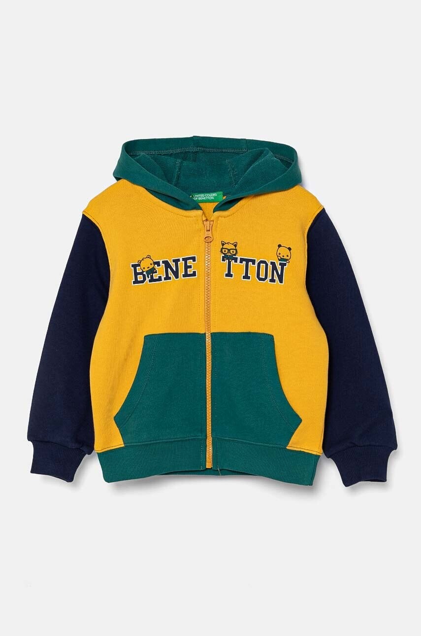 Detská bavlnená mikina United Colors of Benetton žltá farba, s kapucňou, vzorovaná, 3J68G5034