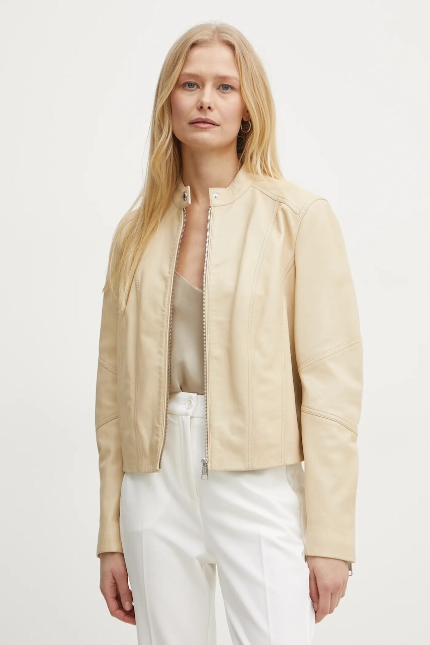Kožená bunda Boss Orange dámska, béžová farba, prechodná, 50522033