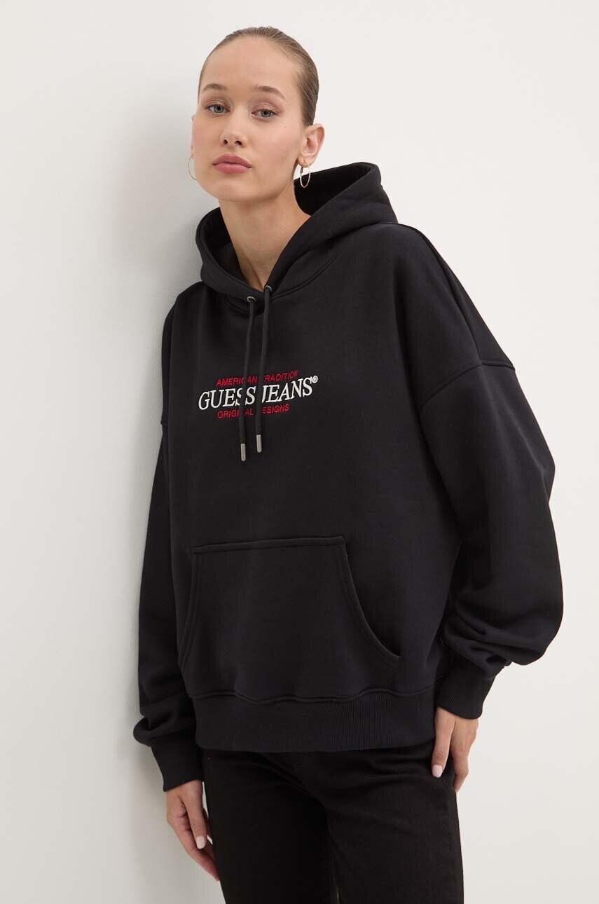 Mikina Guess Jeans čierna farba, s kapucňou, s nášivkou, W4YQ15 KC811