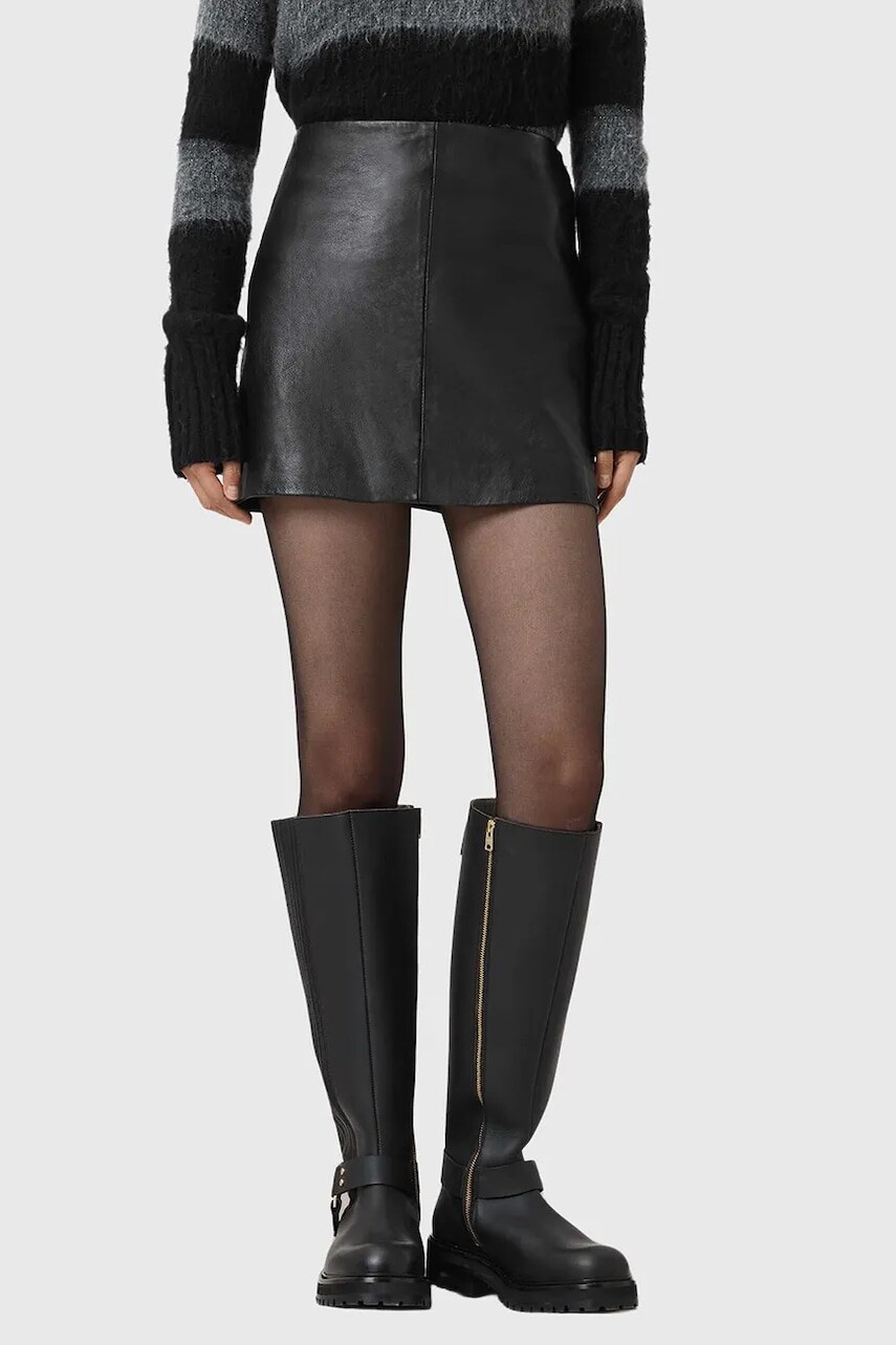 Kožená sukňa AllSaints RENAI čierna farba, mini, rovný strih, W020RB
