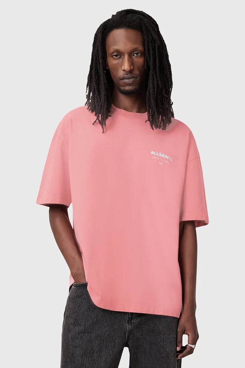 Bavlnené tričko AllSaints UNDERGROUND pánske, ružová farba, s potlačou, M071PB