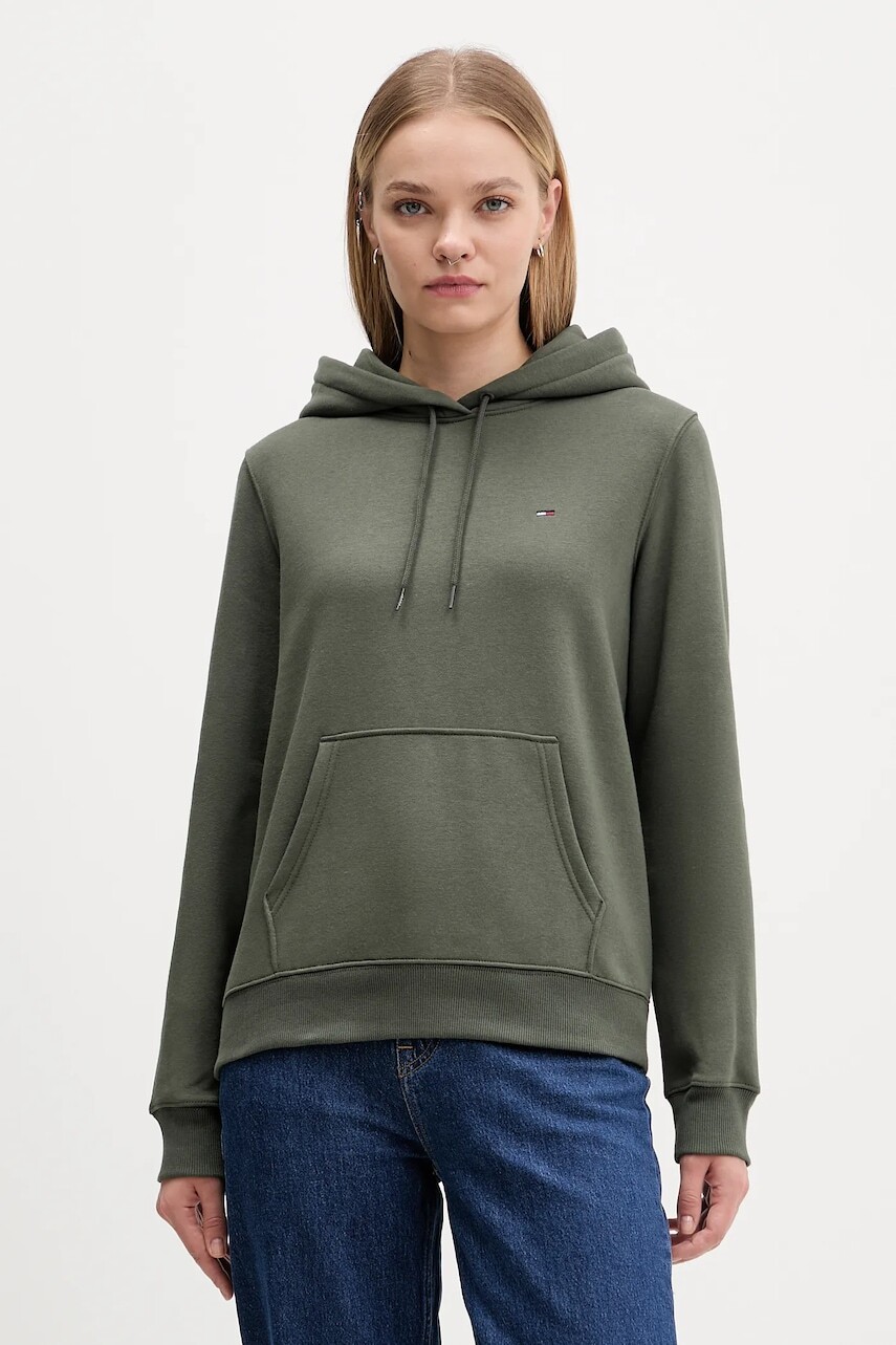 Mikina Tommy Jeans zelená farba, s kapucňou, jednofarebná, DW0DW19958