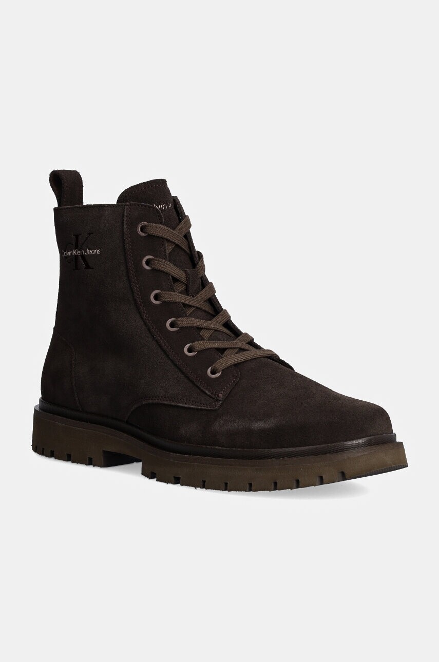 Kožené topánky Calvin Klein Jeans EVA BOOT MID LACEUP ICONIC DRESS pánske, hnedá farba, YM0YM01070