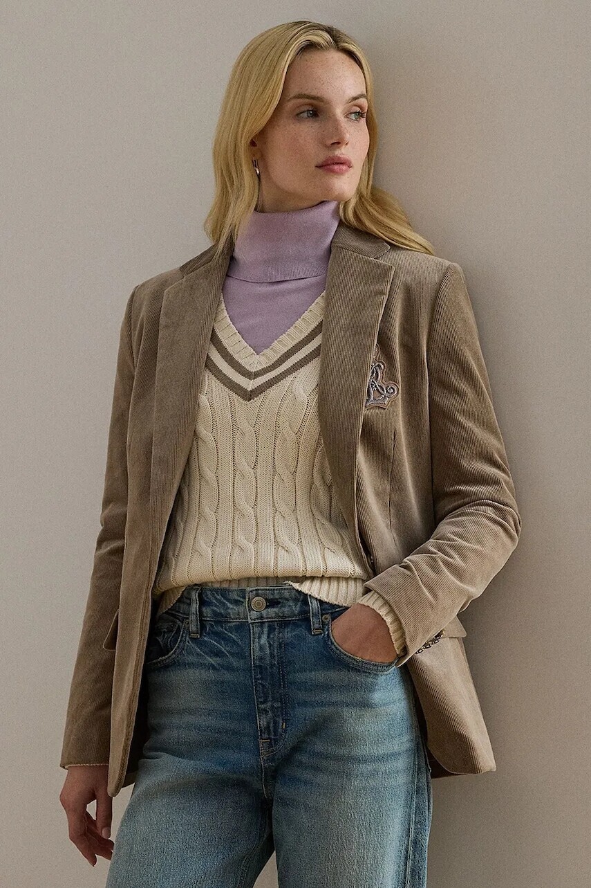 Menčestrové sako Lauren Ralph Lauren hnedá farba, jednoradové, 200956574