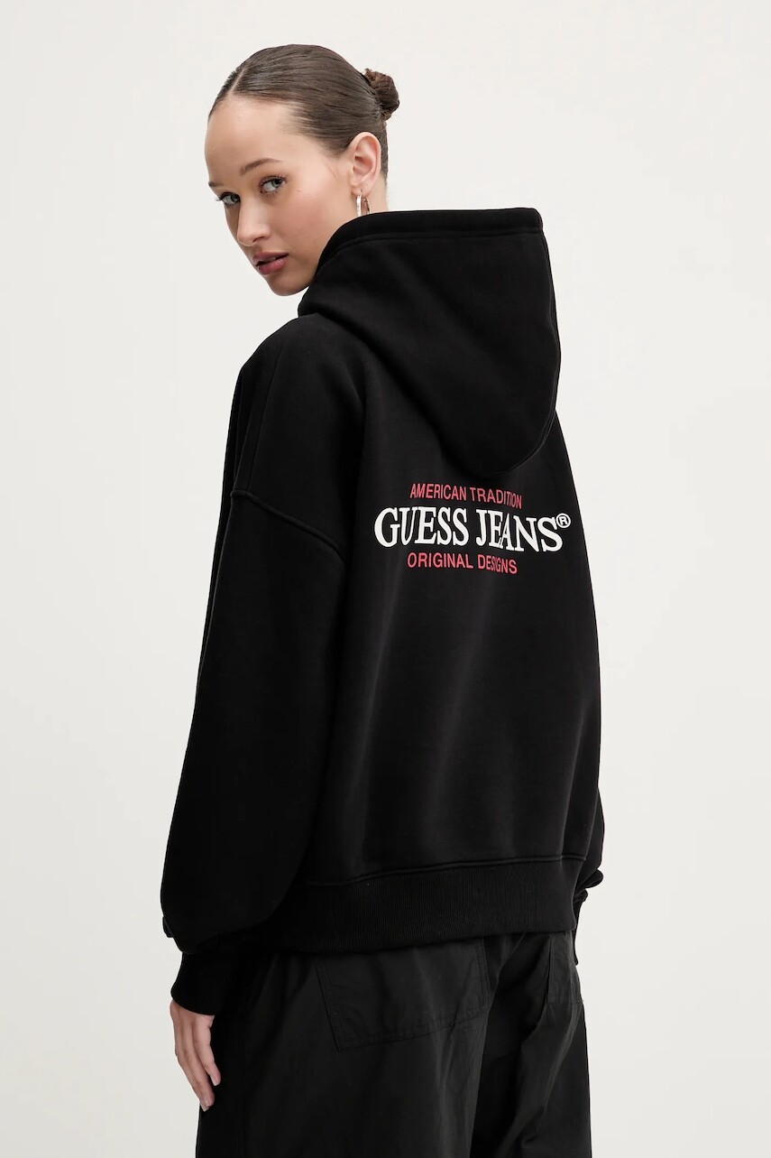 Mikina Guess Jeans dámska, čierna farba, s kapucňou, s potlačou, W4BQ21 KC811