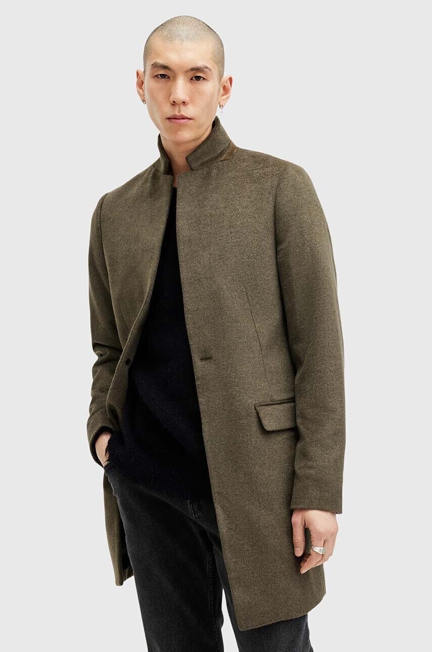 Kabát s prímesou vlny AllSaints HARGROVE COAT zelená farba, prechodný, M038OB