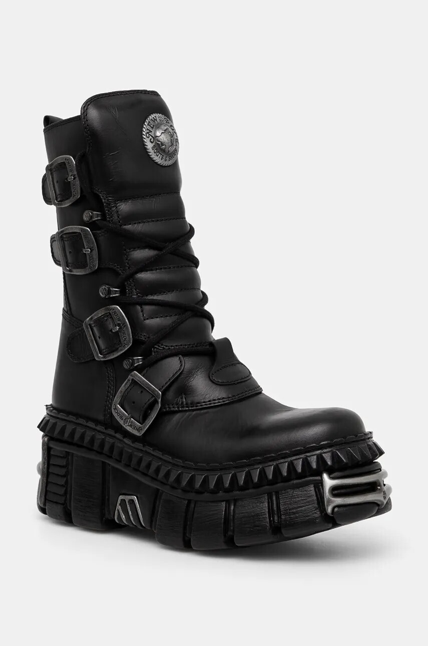 Kožené členkové topánky New Rock ITALI NEGRO NOMADA + TOWER CASCO + ACERO PICOS dámske, čierna farba, na platforme, M-WALL373-S10