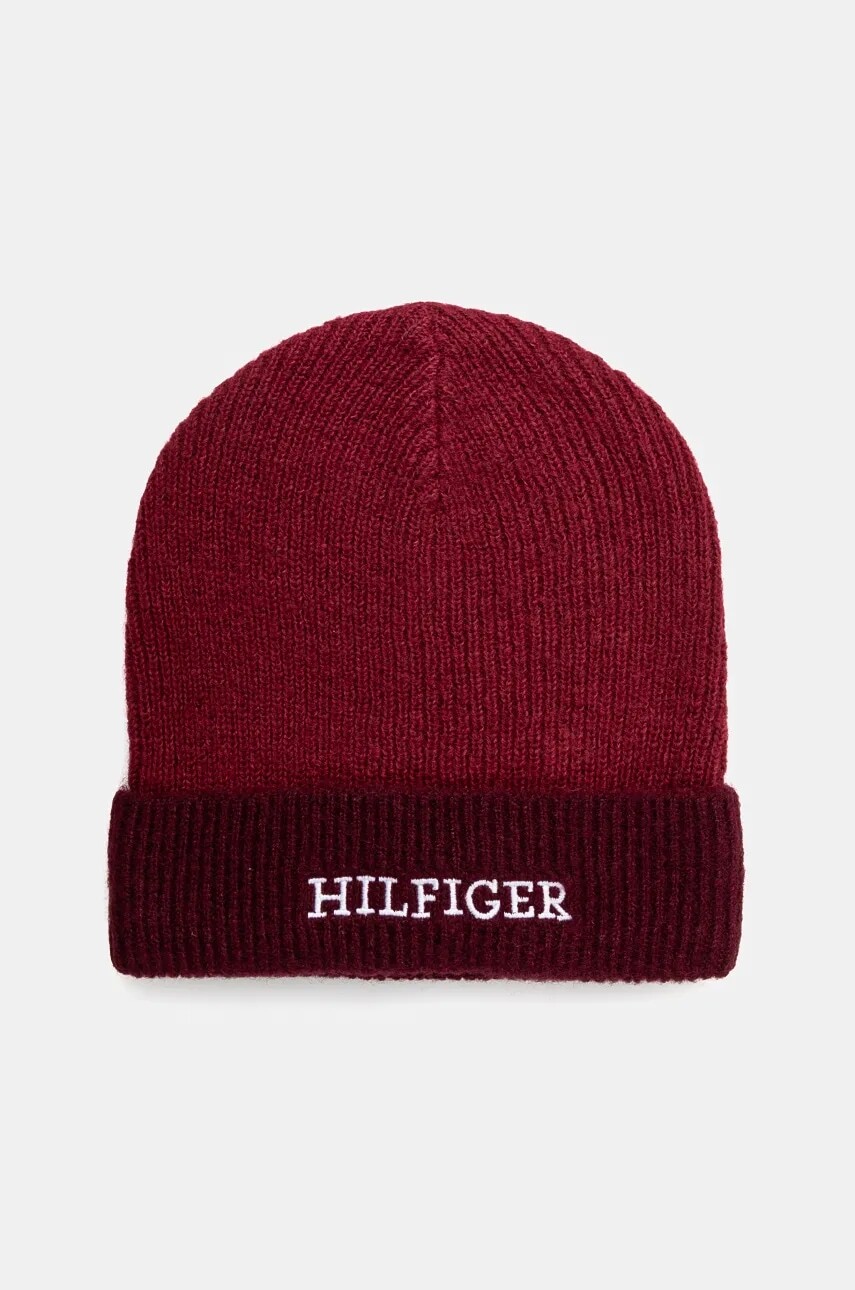 Detská čiapka s prímesou vlny Tommy Hilfiger bordová farba biela, AU0AU01930