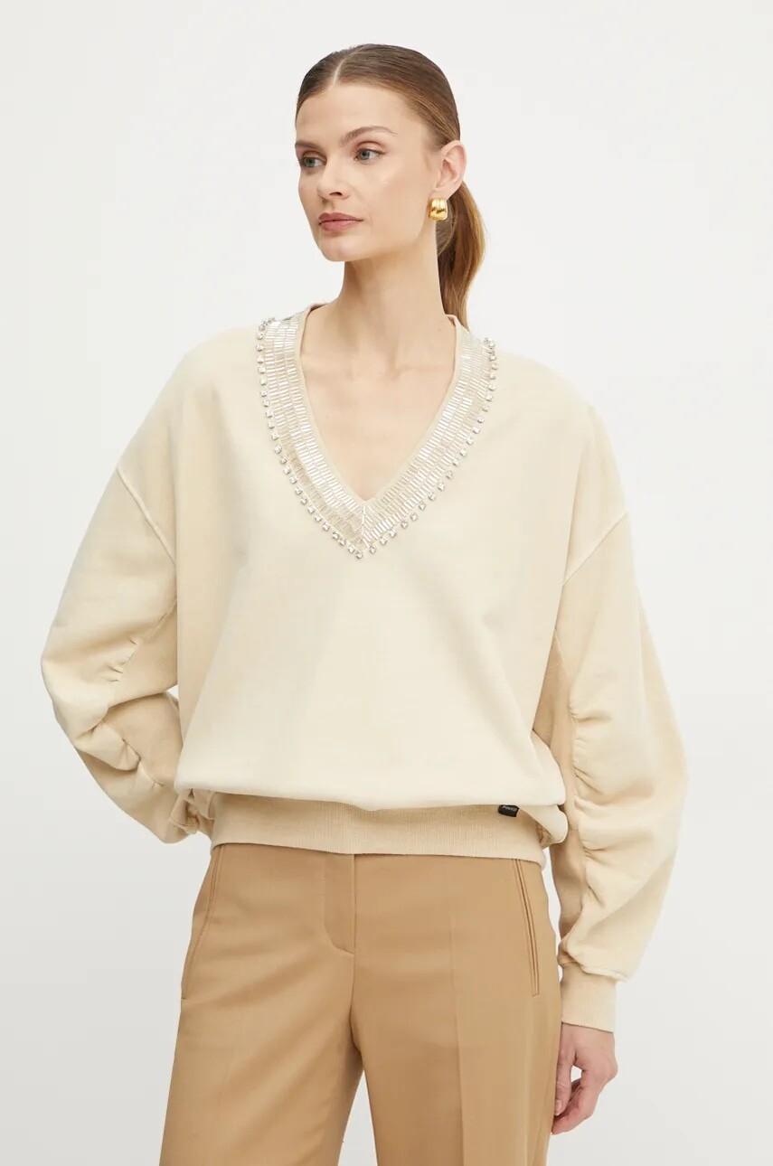 Bavlnená mikina Pinko dámska, béžová farba, s nášivkou, 104458 A297