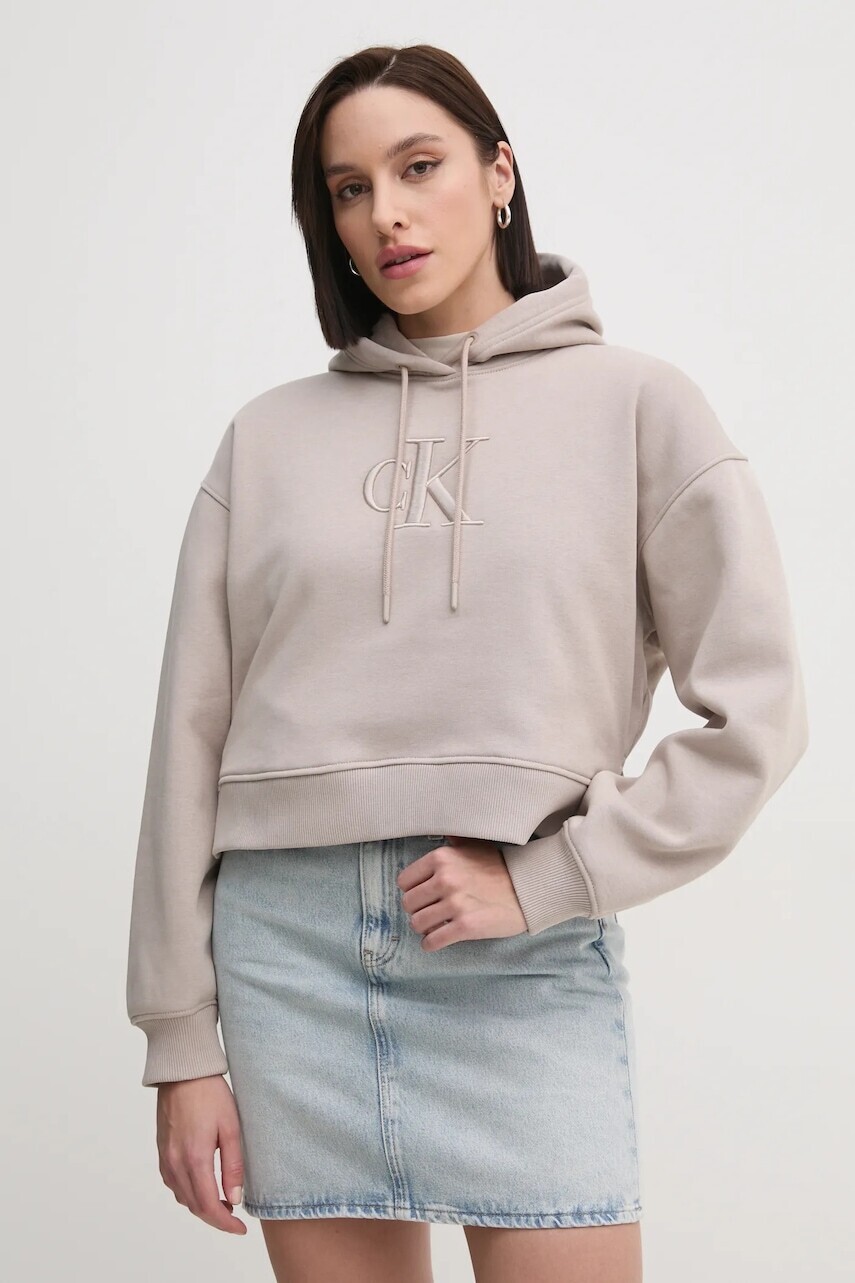 Mikina Calvin Klein Jeans dámska, béžová farba, s kapucňou, s nášivkou, J20J224718