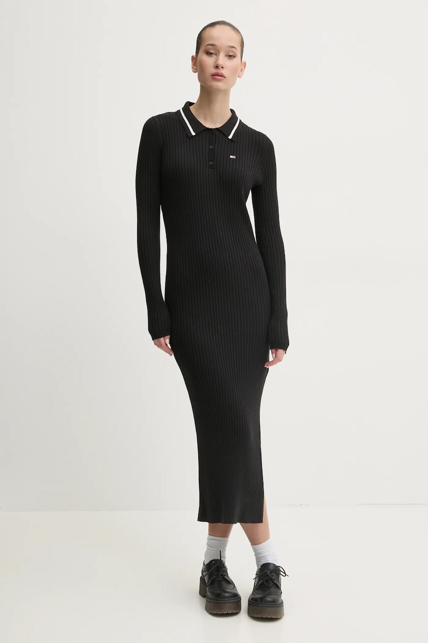 Šaty s prímesou vlny Tommy Jeans čierna farba, maxi, priliehavá, DW0DW19476