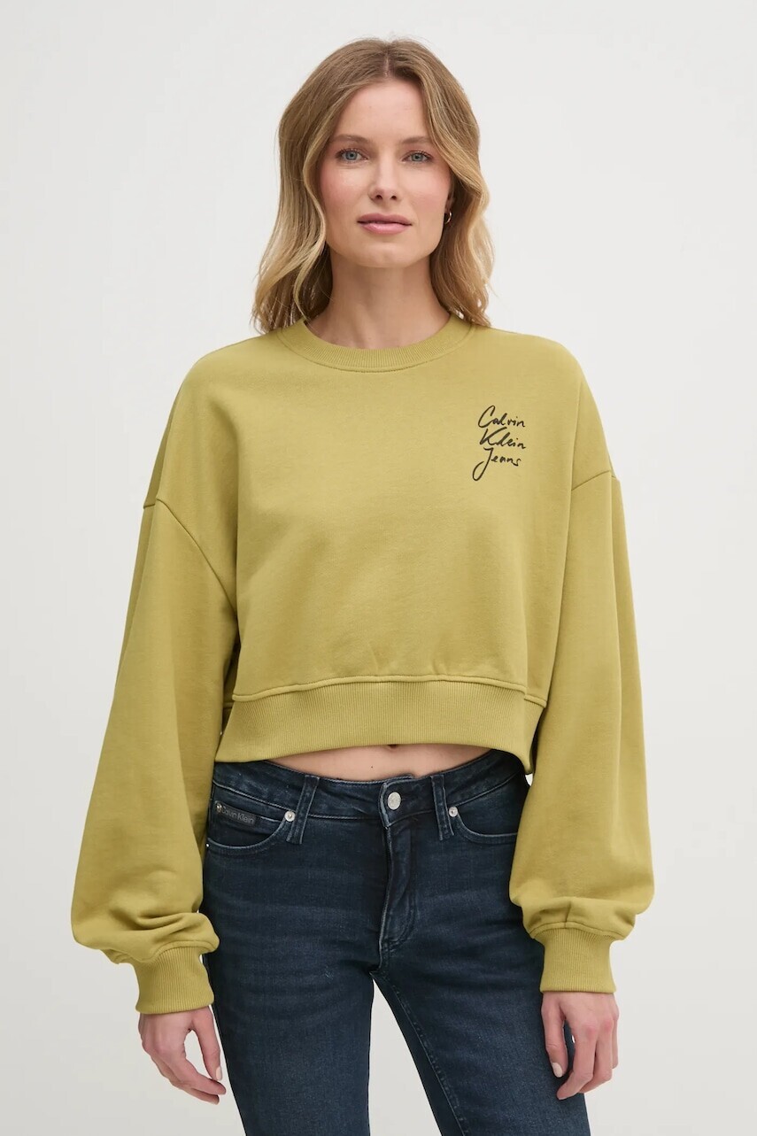 Bavlnená mikina Calvin Klein Jeans dámska, zelená farba, s potlačou, J20J224743