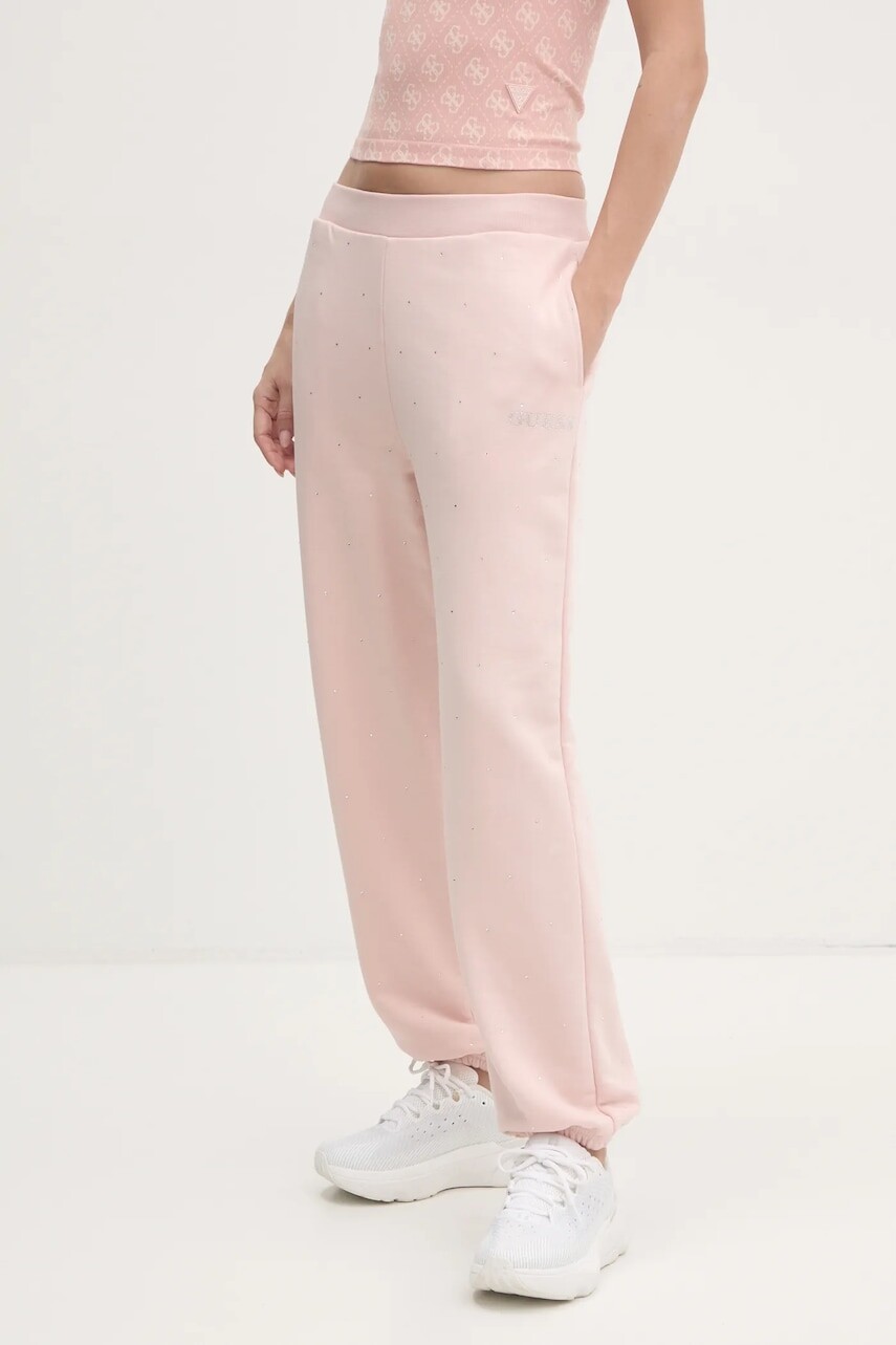 Tepláky Guess RHINESTONES ružová farba, s nášivkou, V5RB08 KCLJ0